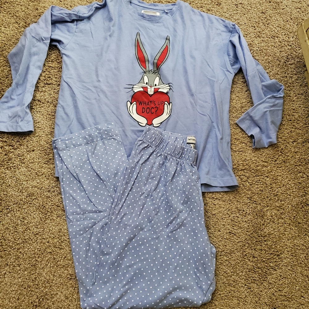 Lefties Looney Tunes Bugs Bunny Pajama Set Small 90s Polka Dot Warm Blue Cartoon